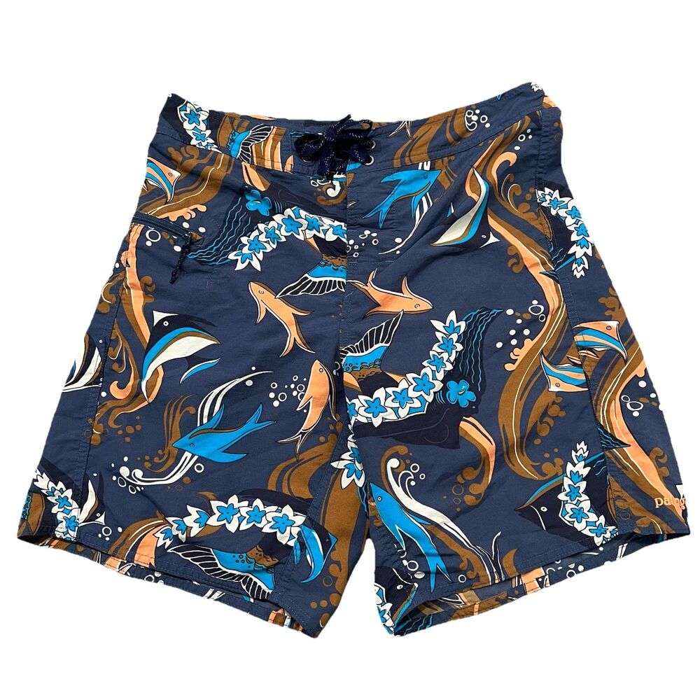 Patagonia Board Shorts Mens Size 30 Wavefarer Swim Fish Print Blue